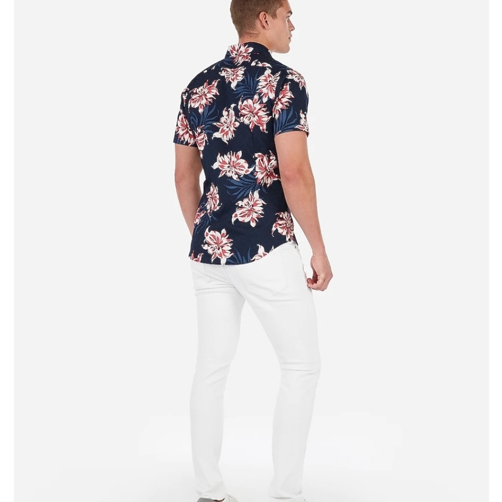 Express Black Black Floral Pattern Lightweight Short Sleeve Button Down Small